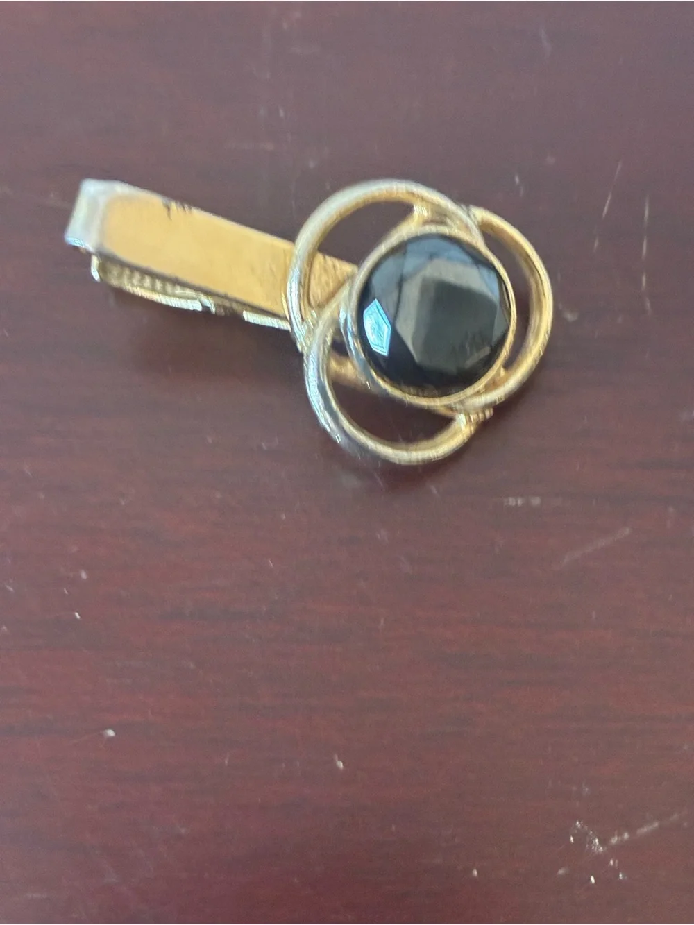 Vintage Emmons Gold Tone Tie Clip with Black Faceted Stone Mid Century